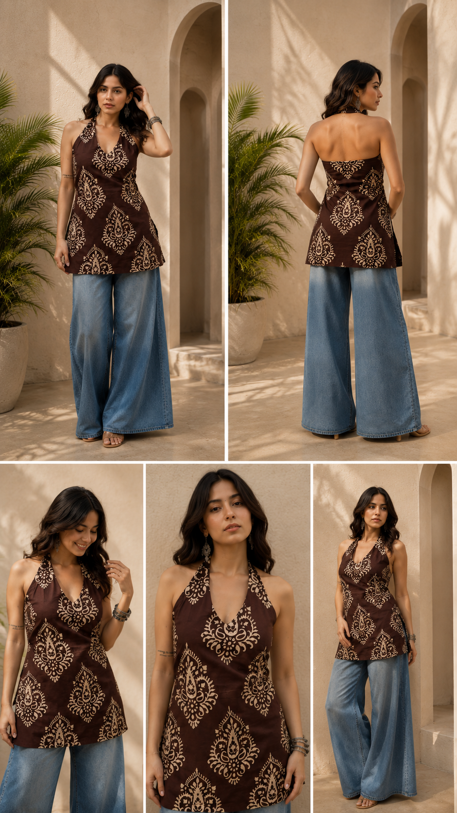 Rangriti :- A Brown Printed Halter Neck Indo-Western Kurti