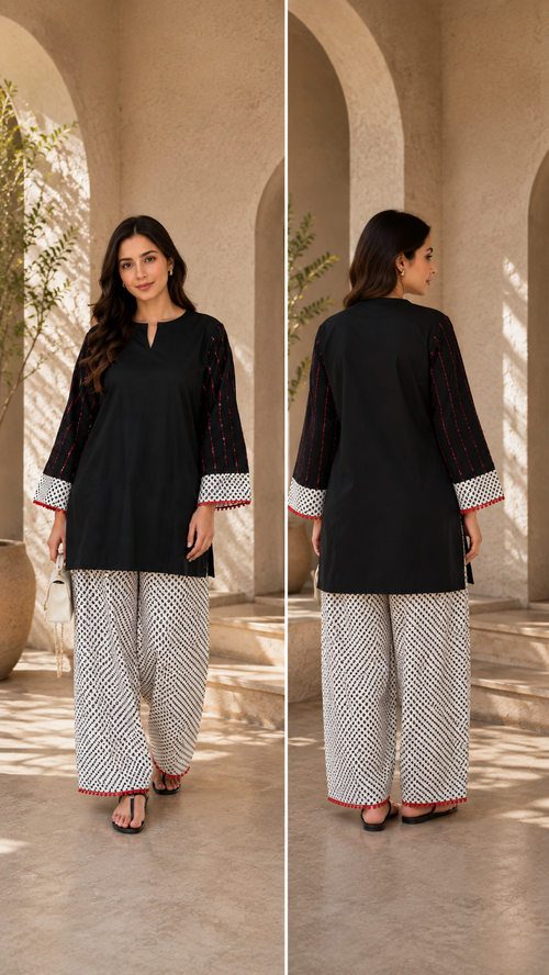 Aaradhya :- A Black Printed Kurta With Patterned Farsi Salwaar Set