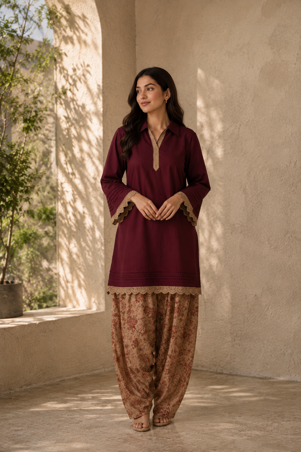 Meher :- A Wine Maroon Lace-Trimmed Kurta With Floral Printed Farsi Salwaar Set