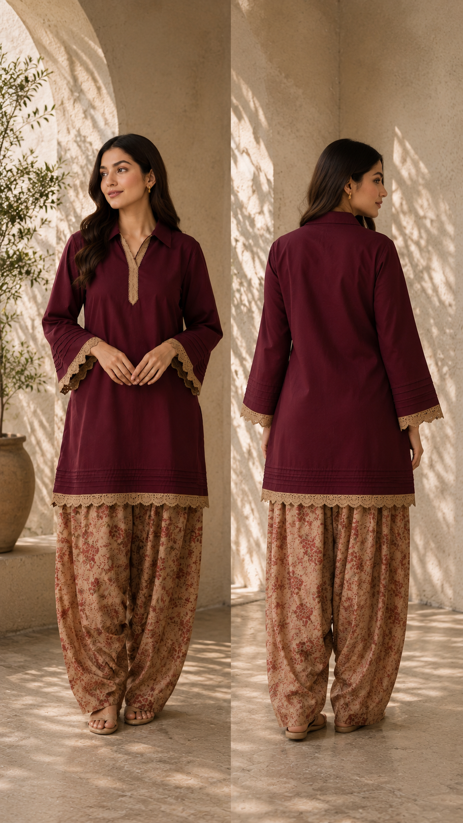 Meher :- A Wine Maroon Lace-Trimmed Kurta With Floral Printed Farsi Salwaar Set