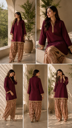 Meher :- A Wine Maroon Lace-Trimmed Kurta With Floral Printed Farsi Salwaar Set