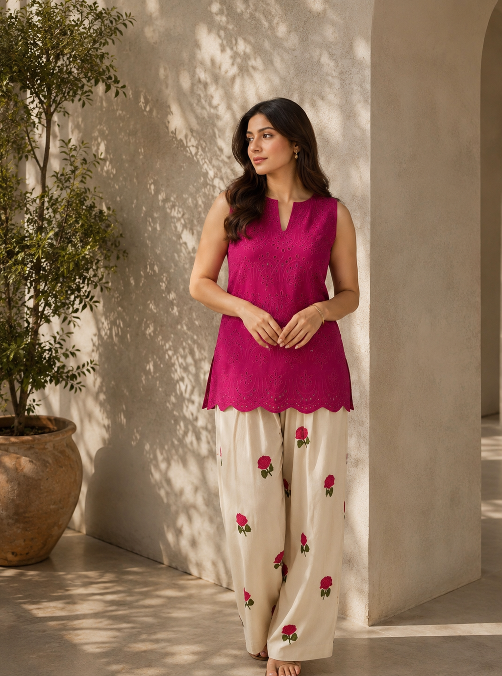 Gulaabo :- A Magenta Embroidered Kurta With Floral Print Farsi Salwaar Set