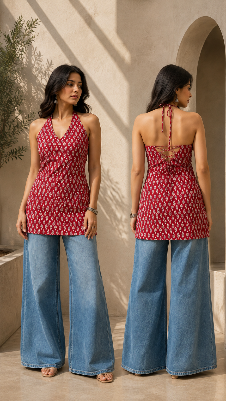 Vastrika :- A Red Printed Halter Neck Indo-Western Kurti