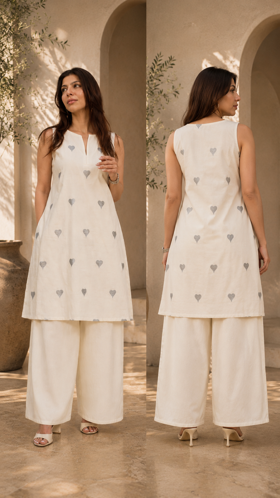 Inayat :- An Ivory Grey Heart Print Kurta Palazzo Set